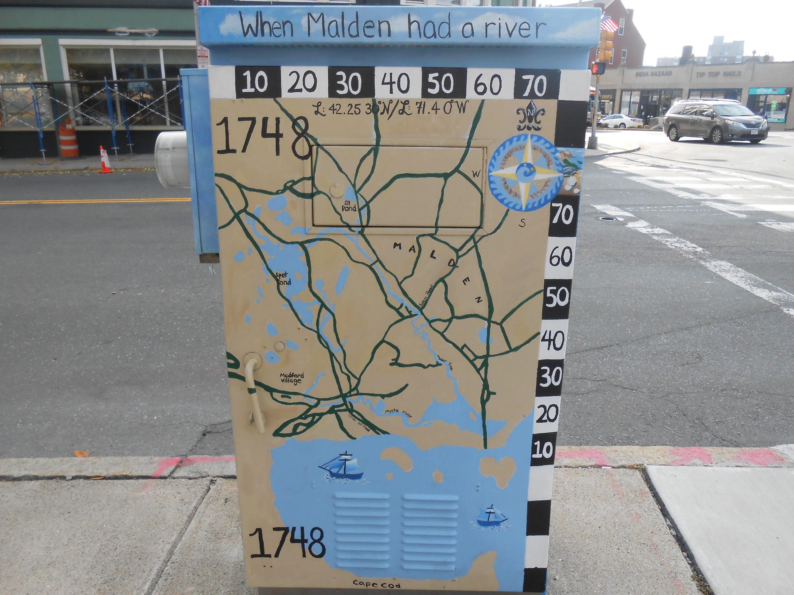 Image of artwork on an electrical box that shows a map of where and when Malden had a river